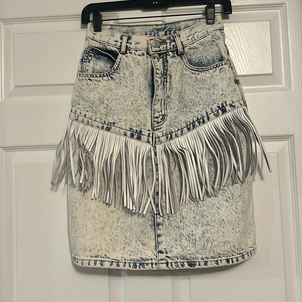 Vtg Paris Express Acid Wash Denim Fringe Skirt